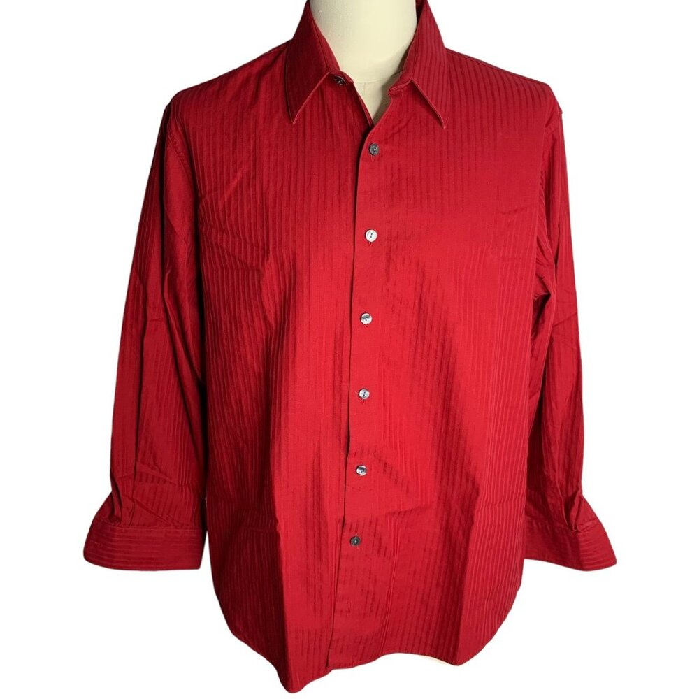 Kenneth Cole Reaction Slim Fit Button Up Shirt L Red Striped Wrinkle Free Collar